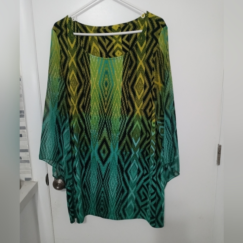 Yellow Turquoise Ombre Beach Cover Up Sheer bell sleeves